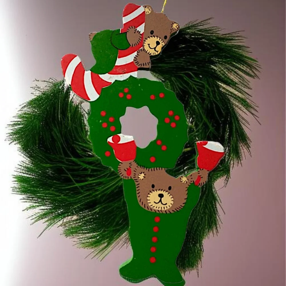JOY Spell‎ Out Christmas Ornament Folk Art Primitive Die Cut Vintage Wood Bears